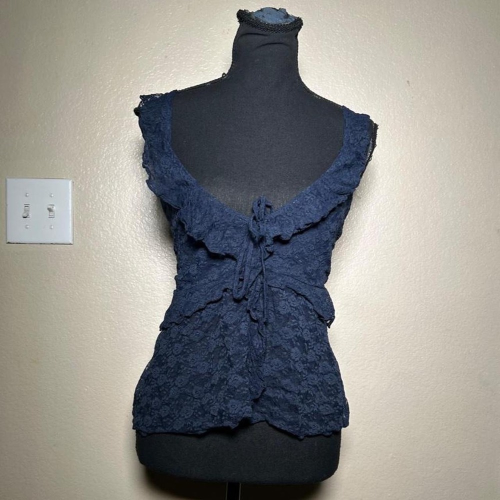 Old Navy Y2K Navy Blue Lace Ruffle Tie Front Babydoll Top XXL Vintage 90s